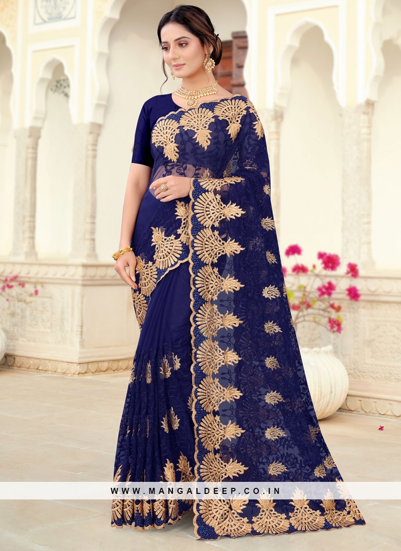 Brilliant Blue Fancy Georgette Designer Saree -