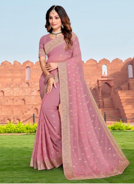 Lovable Embroidered Rose Pink Trendy Saree