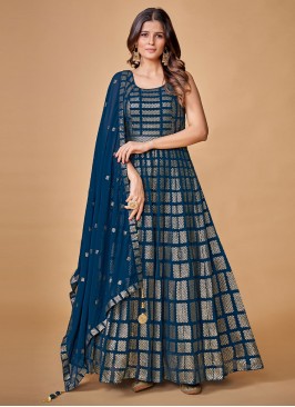 Lovable Navy Blue Sequins Floor Length Gown