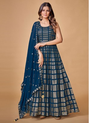 Lovable Navy Blue Sequins Floor Length Gown