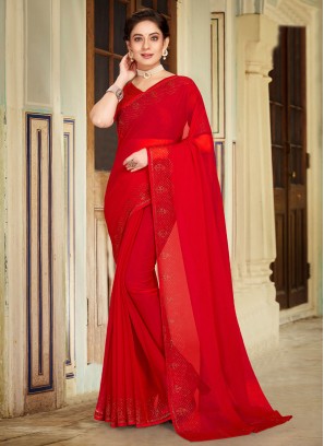 Lovable Red Chiffon Contemporary Style Saree