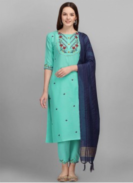 Lovely Cotton Embroidered Turquoise Trendy Salwar Suit