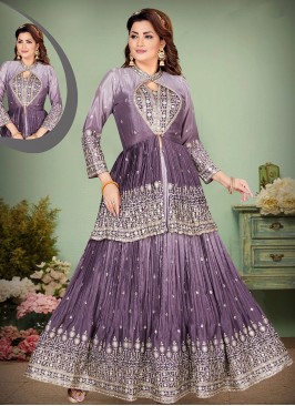Lovely Creap Silk Thread-Embellished Purple color Indo Western Ensemble