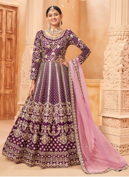 Lovely Purple Embroidered Art Silk Ankle Lenth Salwar Suit