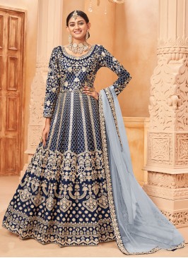 Lovely Blue Embroidered Art Silk Ankle Lenth Salwar Suit