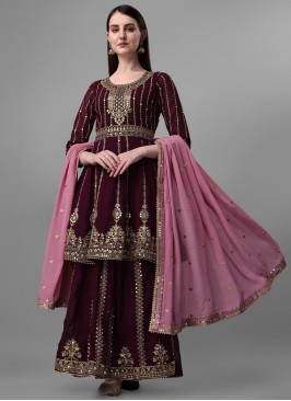 Charming Wine Embroidered Art Silk Ankle Lenth Salwar Suit