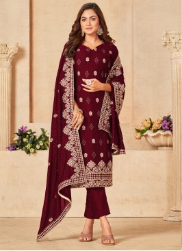Lovely Maroon Embroidered Blooming Vichitra Festive Wear Salwar Suit