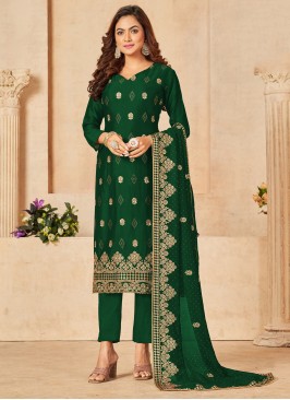Lovely Green Embroidered Blooming Vichitra Festive Wear Salwar Suit