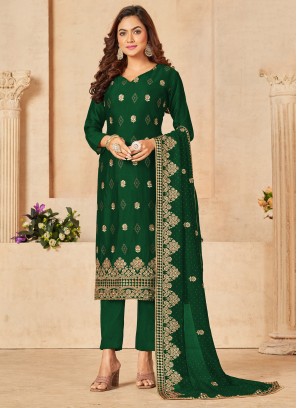 Lovely Green Embroidered Blooming Vichitra Festive Wear Salwar Suit