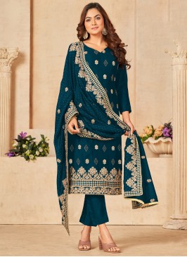 Lovely Blue Embroidered Blooming Vichitra Festive Wear Salwar Suit