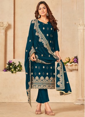 Lovely Blue Embroidered Blooming Vichitra Festive Wear Salwar Suit