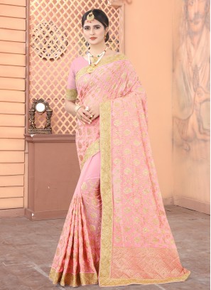 Lovely Faux Georgette Peach Patch Border Designer Traditional Saree