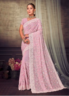 Lovely Georgette Embroidered Pink Saree