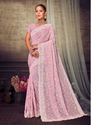 Lovely Georgette Embroidered Pink Saree