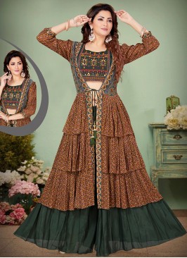 Lovely Georgette Sequin-Embellished Green & Rama color Indo Western Ensemble