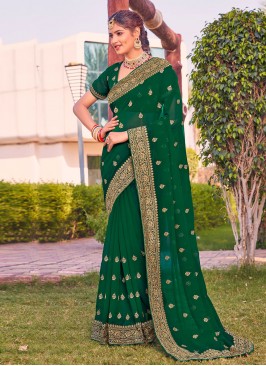 Lovely Georgette Stone Green Saree