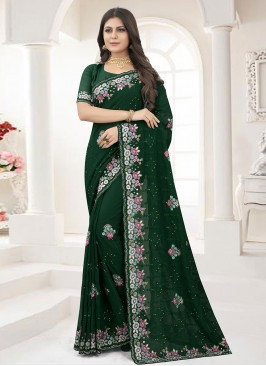 Lovely Green Embroidered Georgette Designer Saree