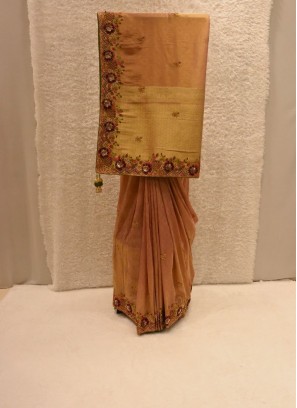 Lovely Orange And Gold Banarasi Tissue Silk Saree For Wedding