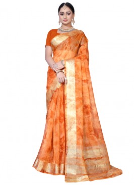 Lovely Orange Color Party Wear Cotton Saree