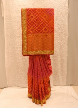 Lovely Orange Khadi Georgette Saree For Wedding
