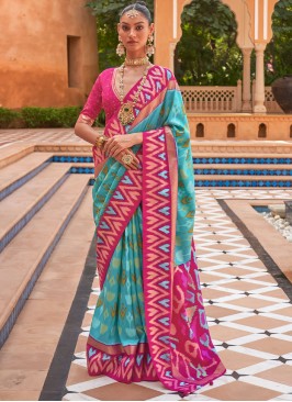 Lovely Patola Silk  Weaving Aqua Blue and Pink Classic Saree