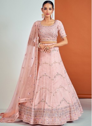 Lovely Peach Georgette Lehenga Choli with Sequence and Thread Work.