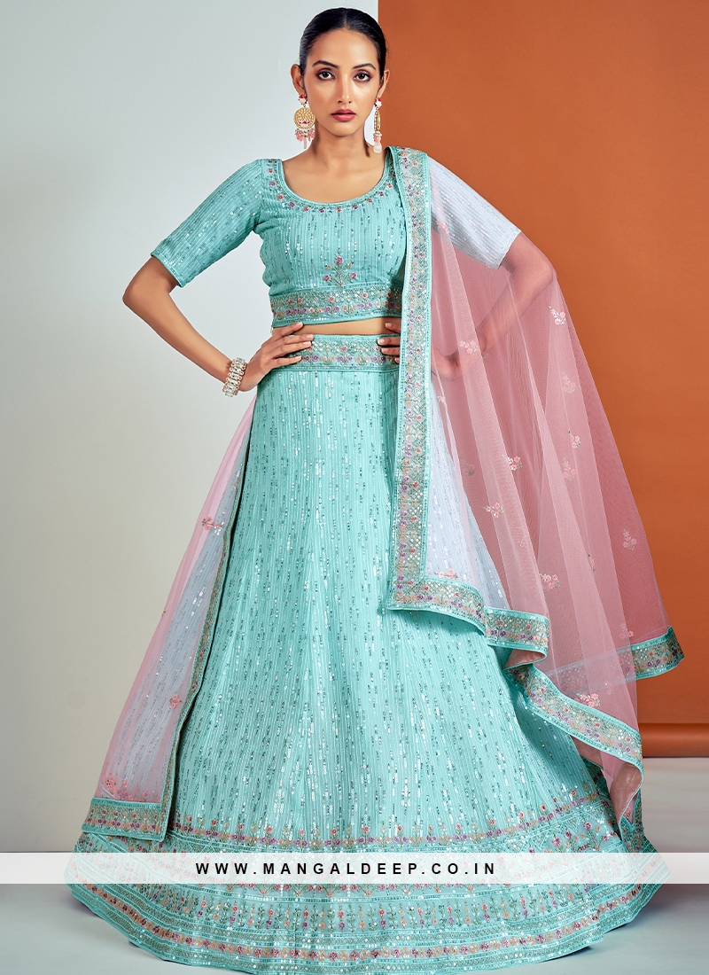 Lovely Turquoise Georgette Lehenga Choli with Sequence and