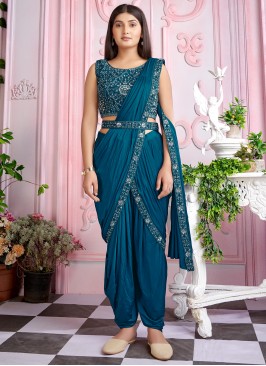 Lovely Teal Blue mirror worked Imported Lycra Party Wear Ready To Wear Saree