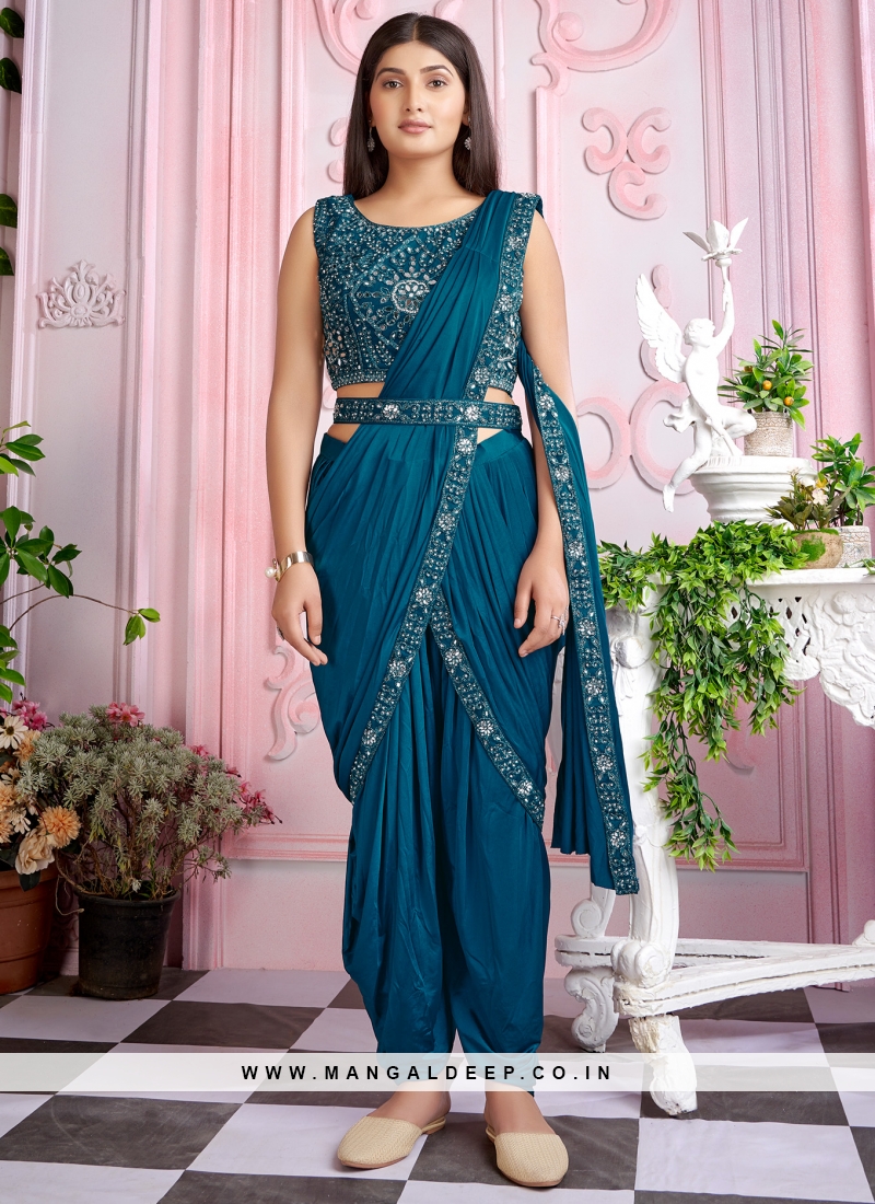 Lovely Teal Blue mirror worked Imported Lycra Party Wear Ready To Wear Saree