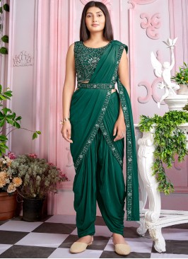 Lovely Green mirror worked Imported Lycra Party Wear Ready To Wear Saree