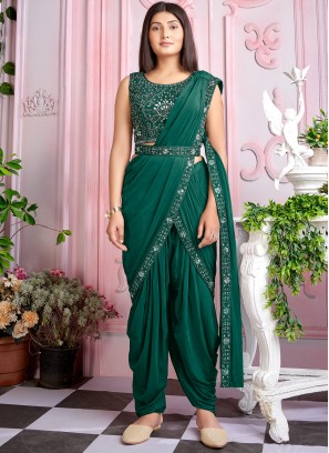 Lovely Green mirror worked Imported Lycra Party Wear Ready To Wear Saree