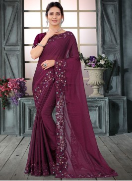 Lovely Resham Wine Silk Trendy Saree