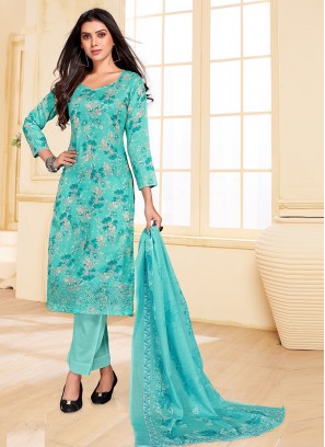 Lovely Sky Blue Color Party Wear Cotton Satin Suit