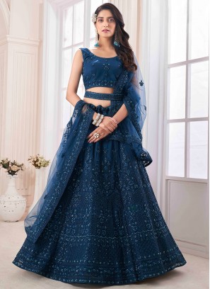 Lovely Teal Soft Net Dori, and Zarkan work lehenga Choli.