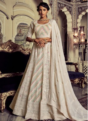 Lovely White Georgette Sequence and Thread work lehenga choli.