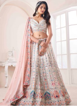 Lovely White Georgette Thread, Zari, Sequence And Zarkan Work Lehenga Choli.