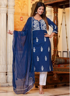 Lucknowi work Cotton Readymade Suit in Blue