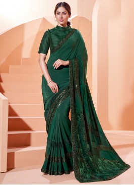 Lycra Embroidered Traditional Saree in Green