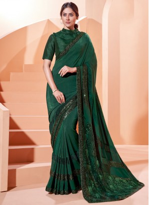 Lycra Embroidered Traditional Saree in Green