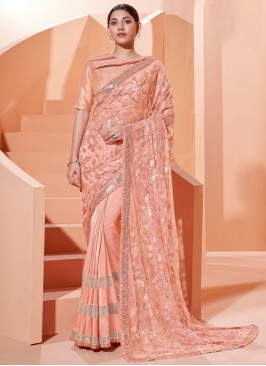 Lycra Peach Embroidered Designer Traditional Saree