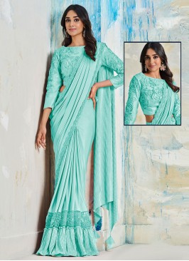 Lycra Turquoise Sequins Contemporary Saree