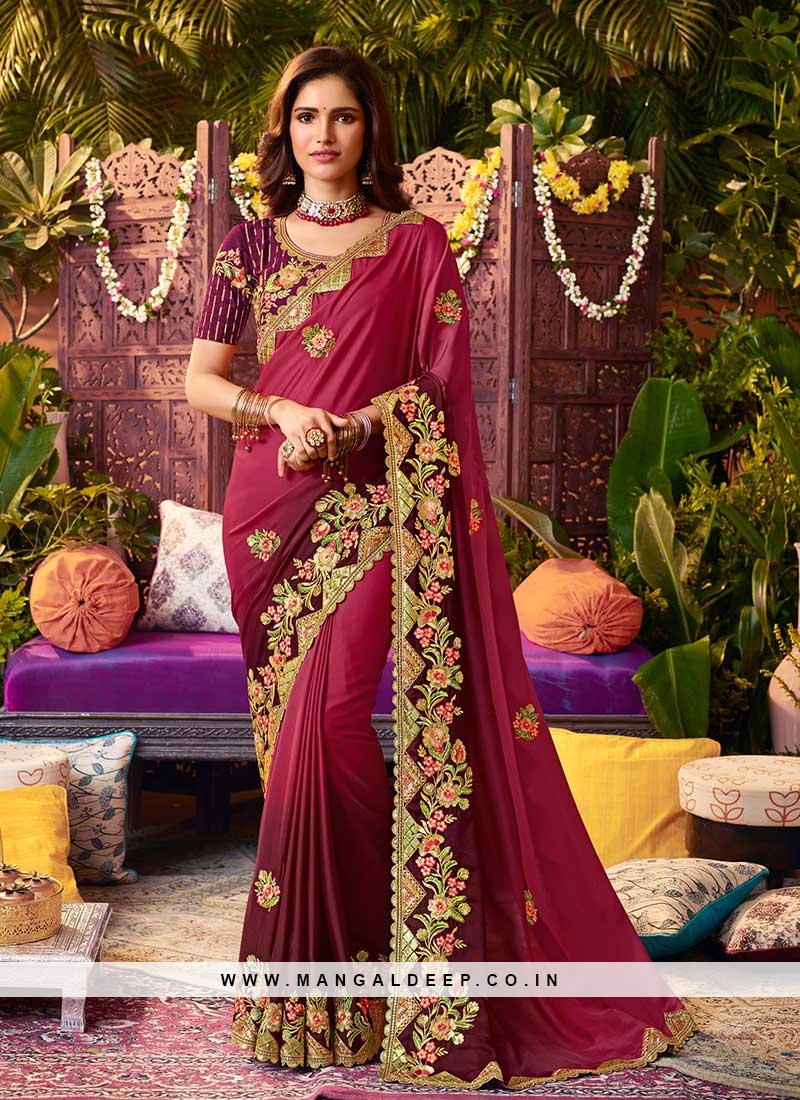Buy Deep Thee Maroon Silk Resham Embroidered Saree With Blouse Online  Aza  Fashions