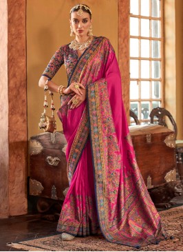 Magenta and Rani Print Silk Classic Saree
