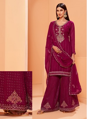 Magenta Color Georgette Embroidered Sharara Dress