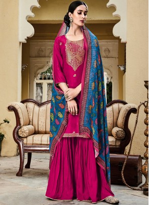 Magenta Color Silk Jacquard Dress Material