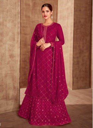 Magenta Pink Color Georgette Embroidered Suit