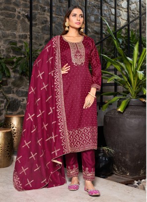Magenta Silk Embroidered Pant Style Suit
