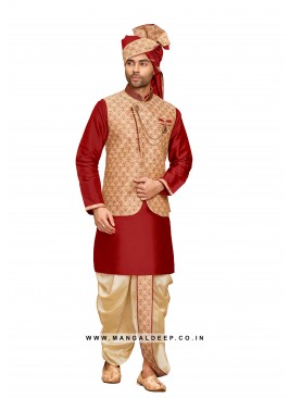 Magestic Jacquard Silk Kurta Dhoti with Nehru Jack