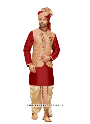 Magestic Jacquard Silk Kurta Dhoti with Nehru Jacket for Men