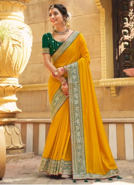 Magnetic Embroidered Vichitra Silk Yellow Classic Saree